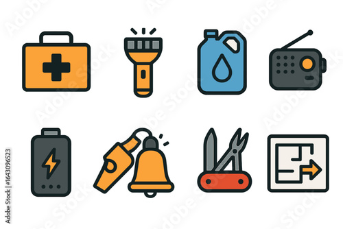 Essential items for outdoor adventures including first aid kit, flashlight, and multi-tool