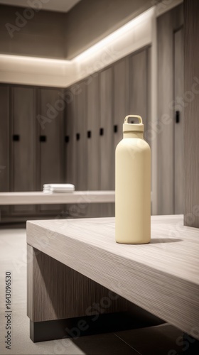 A minimalist locker room featuring a sleek yellow water bottle on a wooden bench, with clean lines and soft lighting.