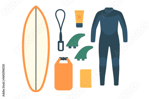 Surfing equipment displayed with board, wetsuit, fins, leash, and sunscreen on a white background