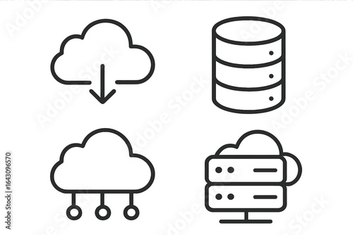 Cloud computing icons representing data storage and transfer activities in a digital workspace environment