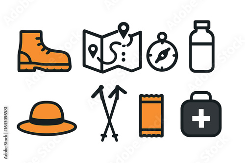 Essential hiking gear including boots, map, compass, and water bottle for outdoor adventures in nature