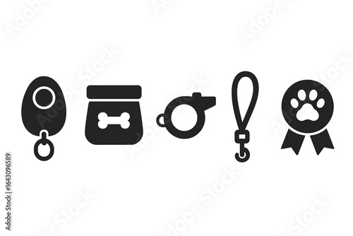 Collection of dog training accessories including clicker, treat jar, whistle, leash, and award ribbon displayed together on a neutral background