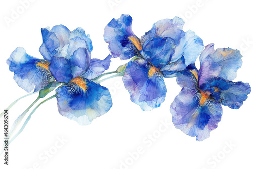 Fototapeta Naklejka Na Ścianę i Meble -  Beautiful blue iris flowers painted in watercolor isolated on transparent background. Blue iris flowers isolated on white background.