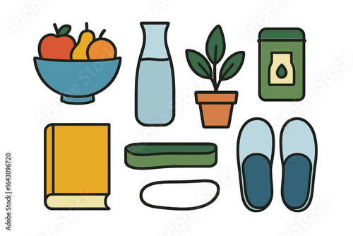 Colorful bowl of fruits, milk jug, plant, book, and household items arranged on a white background at home