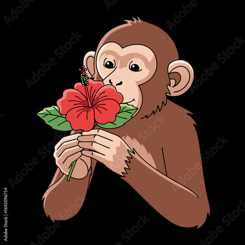 Charming cartoon monkey with big eyes gently holding and smelling a red hibiscus flower.