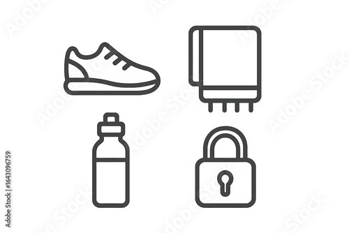 Essentials for a successful workout session including shoes, towel, water bottle, and padlock