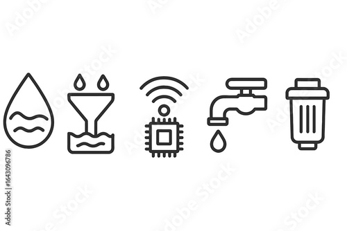 Icons representing essential home utilities including water, filtration, technology, plumbing, and waste management systems