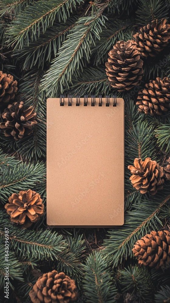 Fototapeta premium Blank notebook on pine backdrop with pinecones.