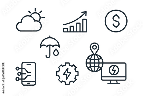 Collection of icons representing various concepts such as weather, finance, technology, and analytics