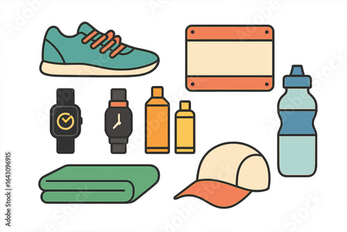 Fitness gear assortment including shoes, caps, water bottles, and accessories for an active lifestyle during outdoor activities