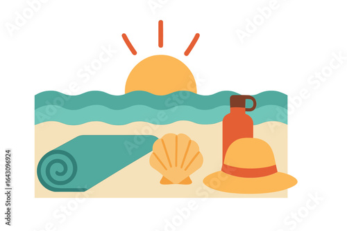Sunset at the beach with towel, hat, shell, and water bottle on the sand