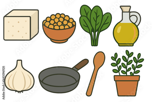 Ingredients for a healthy vegetarian dish with tofu, chickpeas, and fresh greens in a kitchen setting