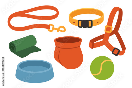 Pet care essentials include a leash, harness, bowl, and tennis ball for outdoor activities and training