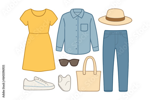 Casual summer outfit ideas for outdoor activities featuring various clothing items and accessories