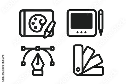 Creative tools for digital design featuring a palette, tablet, stylus, and color swatches in a minimalistic layout