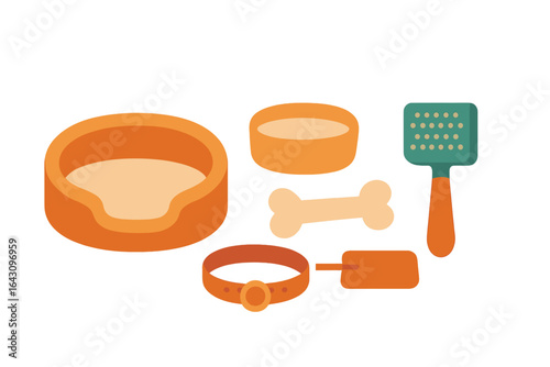 Collection of pet supplies arranged on a white background for dog feeding and care activities