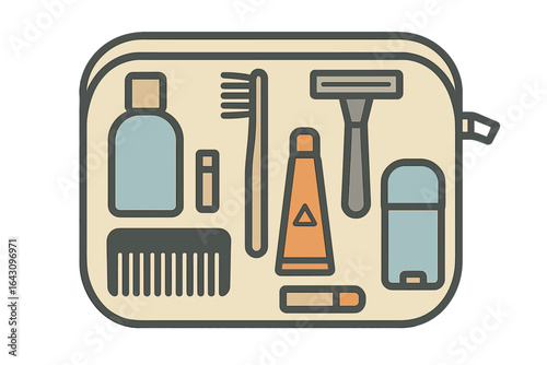 Travel toiletry kit containing grooming essentials and hygiene products for daily use during trips or adventures
