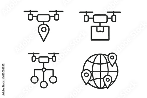 Drones displaying various applications such as delivery, mapping, and location tracking in a modern context