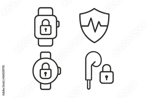 Various smart devices featuring security icons including a locked smartwatch and wireless earphones