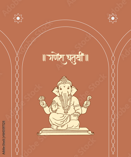 Ganesh Chaturthi Calligraphy, Lettering in Hindi, Marathi with Lord Ganesha vector illustration and festival elements