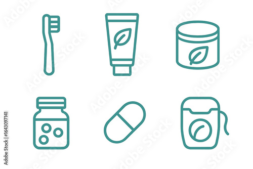 Essential personal care items including toothbrush, toothpaste, supplements, and floss for daily hygiene practices