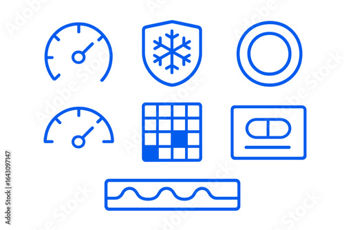 Icons representing various concepts of performance, temperature control, and user interface in a modern digital context