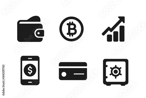Icons representing digital finance concepts including cryptocurrency, wallets, and banking tools for modern transactions