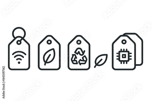 Digital tags representing sustainability, technology, and eco-friendly practices in modern design and branding