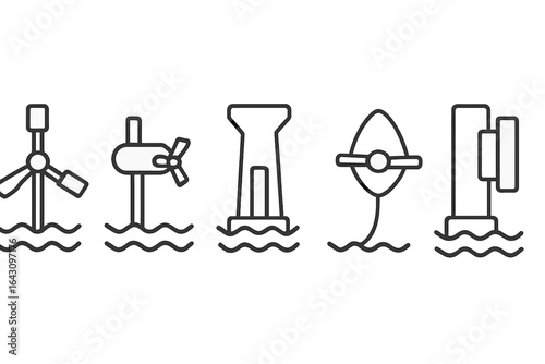 Collection of illustrations depicting various types of renewable energy innovations in marine environments