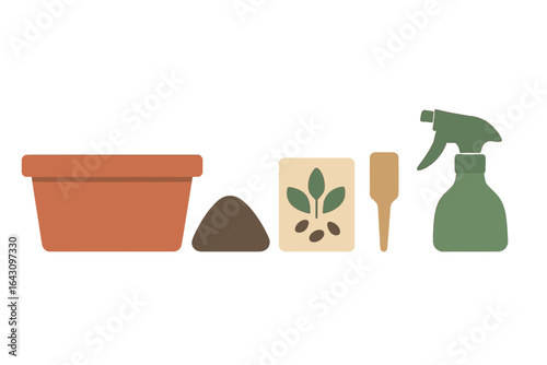 Essential gardening tools and supplies for home planting and care activities