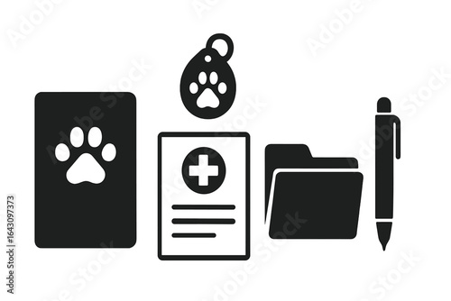 Essential pet care items including a medical record, ID tag, folder, and pen for responsible pet ownership