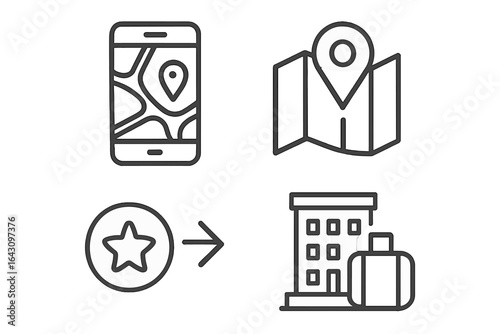Navigation tools for travelers featuring map, smartphone, and landmark indicators