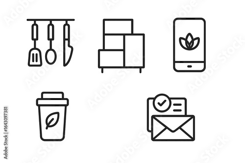 Kitchen tools, furniture, smartphone, and drink cup representing eco-friendly lifestyle choices and daily routine at home