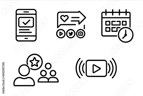 Icons depicting social media engagement and content planning in a digital environment