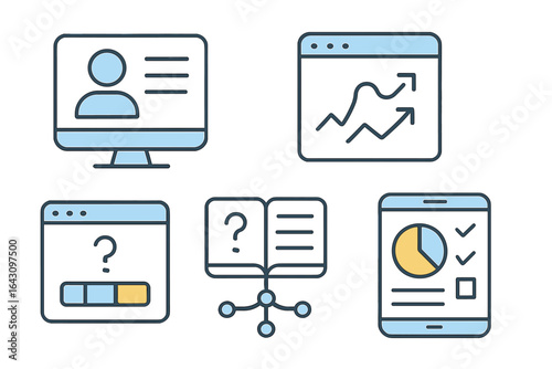 Graphics depicting online learning tools for student engagement and data analysis in education