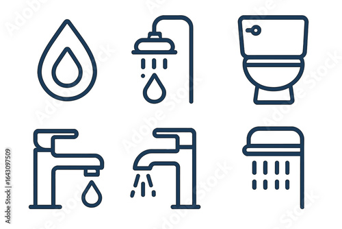 Various plumbing fixtures and components displayed in a clean modern layout for bathrooms and kitchens