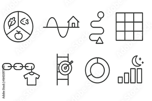 Icons representing various concepts related to sustainability, growth, and strategy in a minimalistic design