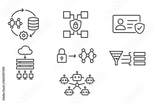 Data management and cybersecurity concepts illustrated through icons representing networks, databases, and security measures