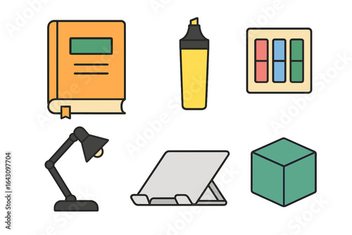 Learning tools on a study desk including a book, highlighter, lamp, and a stand