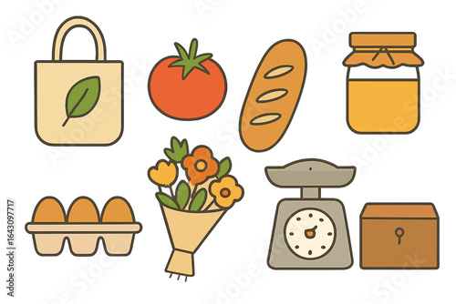 Colorful market display featuring fresh produce and essentials in a vibrant setting