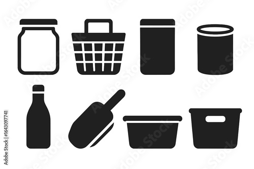 Containers and storage items arranged in a simple design highlighting various shapes and uses for home organization