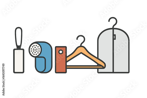 Various tools for garment care and organization shown on a flat surface during a bright afternoon