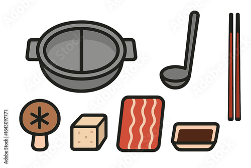 Cooking tools and ingredients arranged for a traditional hot pot meal preparation in a cozy kitchen setting