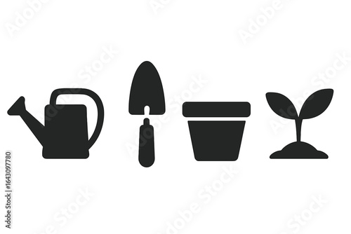 Gardening tools and plant elements arranged in a simple and clean layout for gardening enthusiasts and beginners