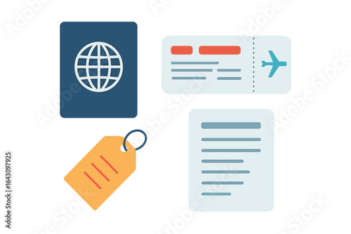 Travel essentials including a passport, boarding pass, luggage tag, and travel itinerary on a plain background