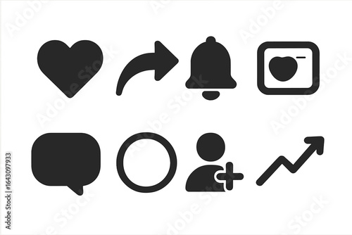 Collection of simple black icons representing social media interactions with hearts, notifications, and user engagement concepts