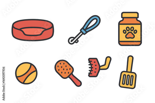Pet accessories including a bowl, leash, food, ball, grooming tools, and toys displayed together in a flat lay arrangement