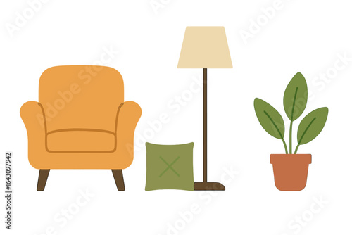 Cozy living room setup with a stylish chair, floor lamp, decorative cushion, and indoor plant in a calm environment