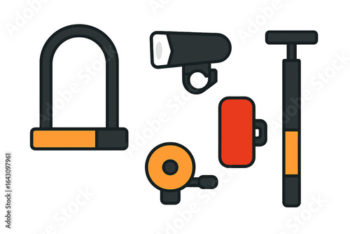Bicycle security accessories including lock, light, bell, and pump showcased in a simple arrangement for outdoor cycling protection