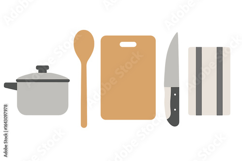 Kitchen utensils and tools arranged on a countertop for meal preparation and cooking activities